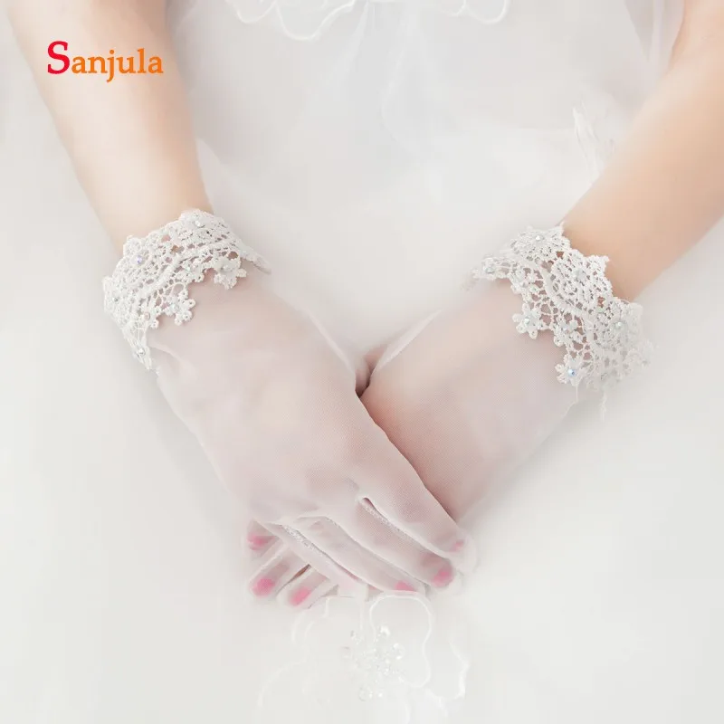 

Lace Edge Elegant Bridal Gloves Short Shiny Beaded Women Formal Party Gloves Tulle gant mariage femme G72