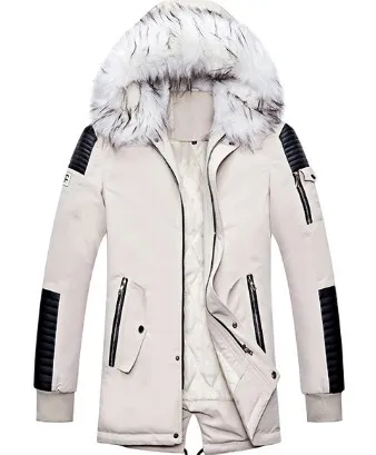 Beige White Роскошная Толстовка парка, зимняя куртка, толстая мужская одежда, модная куртка Abrigo Hombre с меховым воротником, пальто в стиле пэчворк, Casaco Masculino - Цвет: Beige White