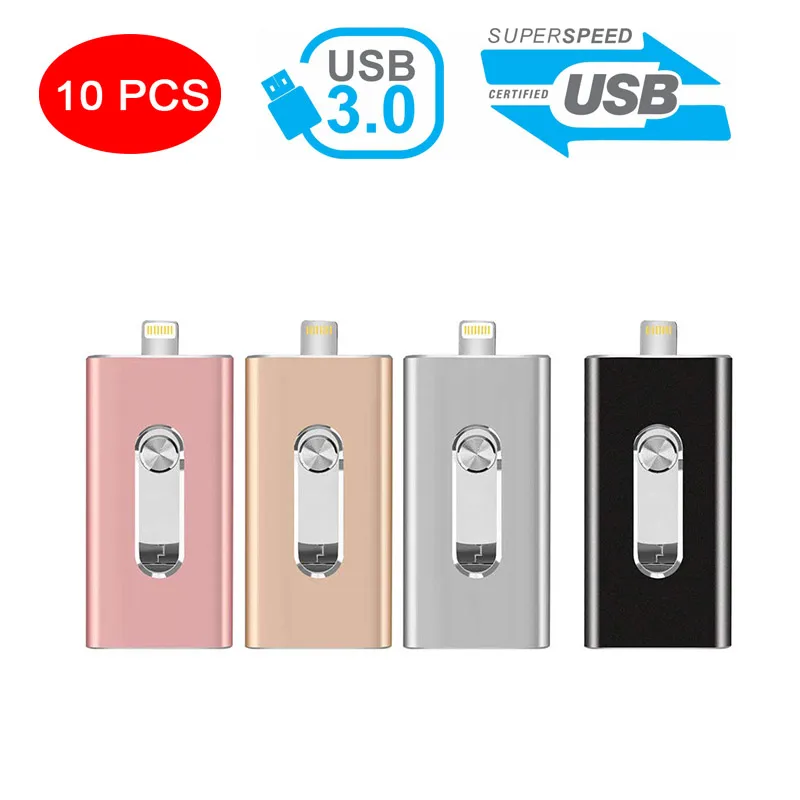 

10pcs/Lot OTG USB Flash Drive 16G32G64G128G For iPad iPhone 5S/6/6S/7/7plus/8/X/XS/XR 3in1 Android Pendrive USB 3.0 Photo Stick