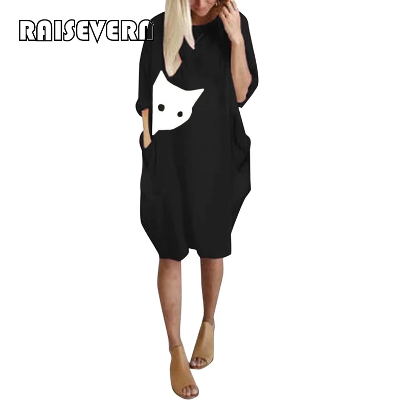 Women Casual Loose Dress With Pocket Kawaii Cat Print Female T Shirt Dress Ladies Fashion O Neck Long Tops Streetwear Plus Size