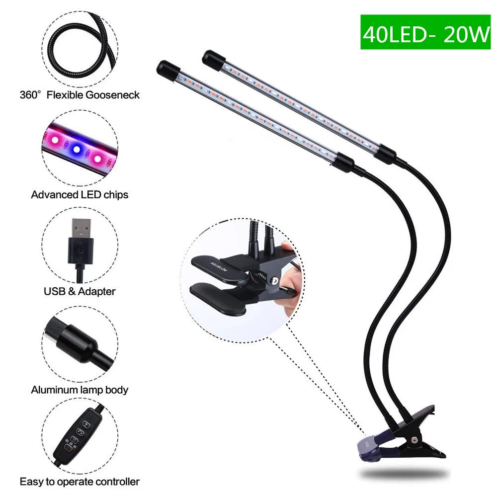 USB 40LED 20W Полный спектр светодиодный светильник для выращивания DC5V 3 Вт 9 Вт 18 Вт 27 Вт с зажимом, питание от USB, фитолампа, настольный светильник для роста растений, светильник для комнатных цветов - Испускаемый цвет: USB 40LED 20W