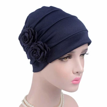 

Women Muslim Stretch Turban Chemo Hat Solid Color Flower Headgear Wrap Bit Towel Bonnet Cap