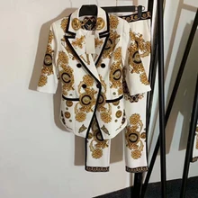 8,26 высокое качество двубортный винтажный Печатный отложной воротник с длинным рукавом Блейзер Пальто+ прямые брюки с принтом костюм