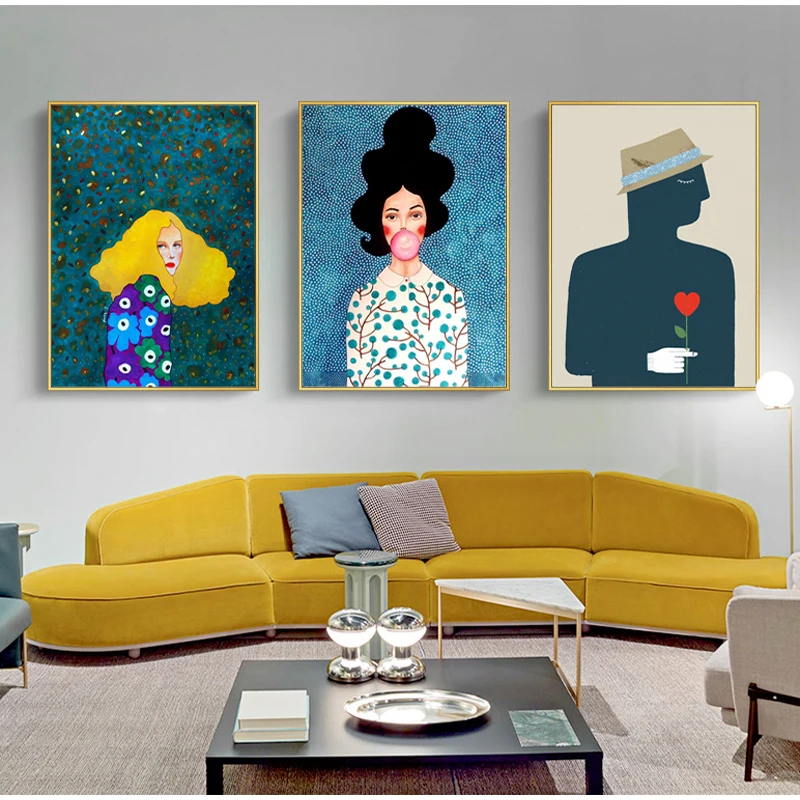 Скандинавские современные Стиль Handdraw персонажей Красочный холст картина