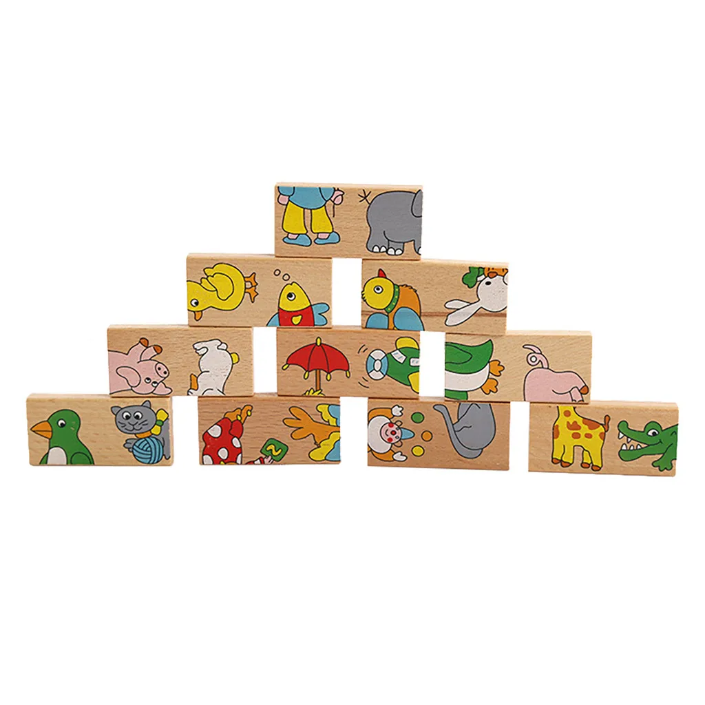 Educational Toys For Baby Early Childhood Cognitive Toys 14pcs Animal Domino Puzzles Toys Wooden Puzzles Domino Blcoks Kids Wy4