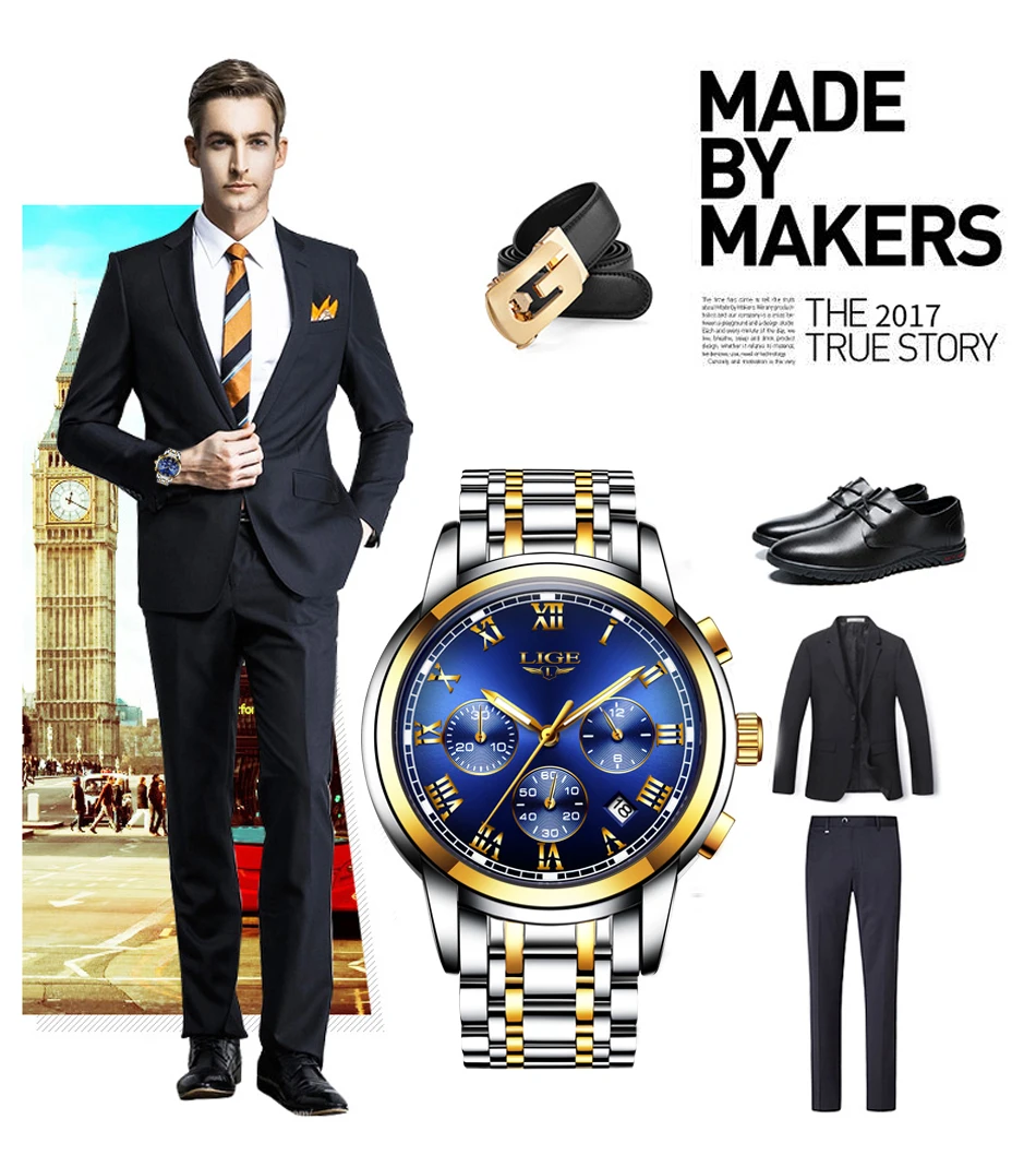 Модные мужские часы LIGE Топ Бренд роскошные часы с хронографом Мужские Бизнес водонепроницаемые полностью стальные золотые часы Relogio Masculino