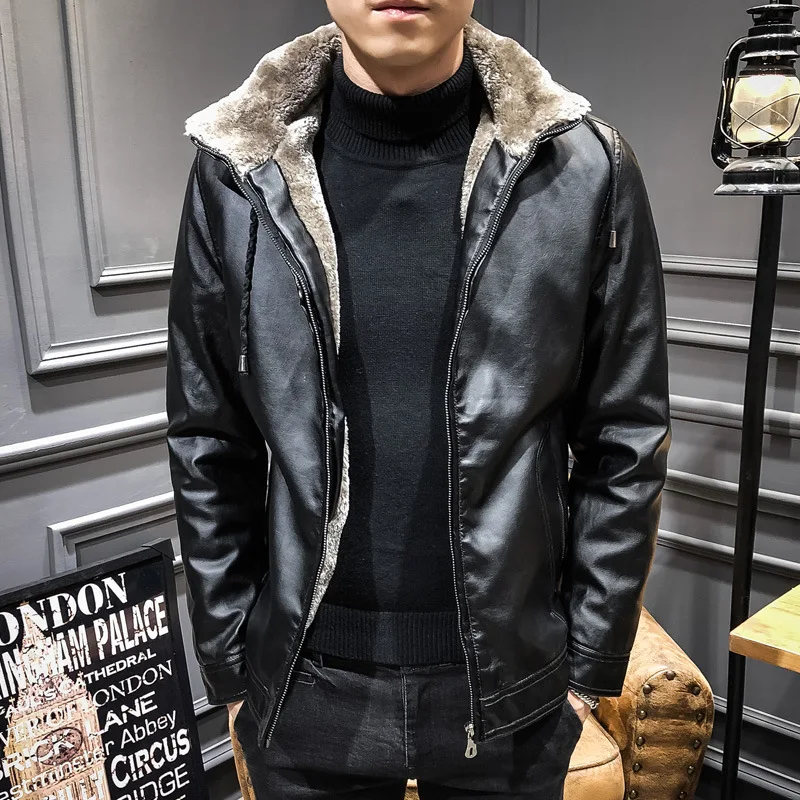 

2020 Men Spring Thick plus Velvet Fur Hooded PU Leather MEN'S Jacket Fold-down Collar Warm Trench Coat Coat