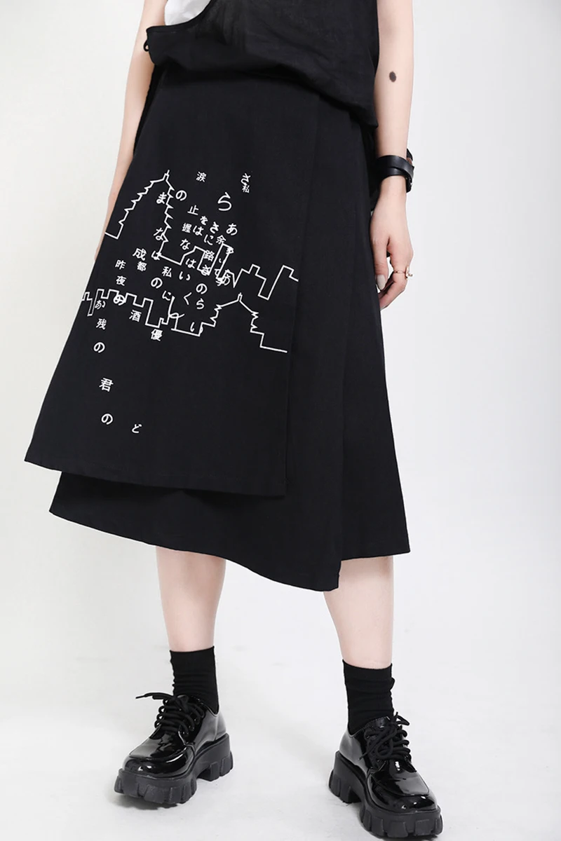[EAM] High Elastic Waist Black Pattern Printed Irregular Half-body Skirt Women Fashion Tide New Spring Autumn 2020 1X349