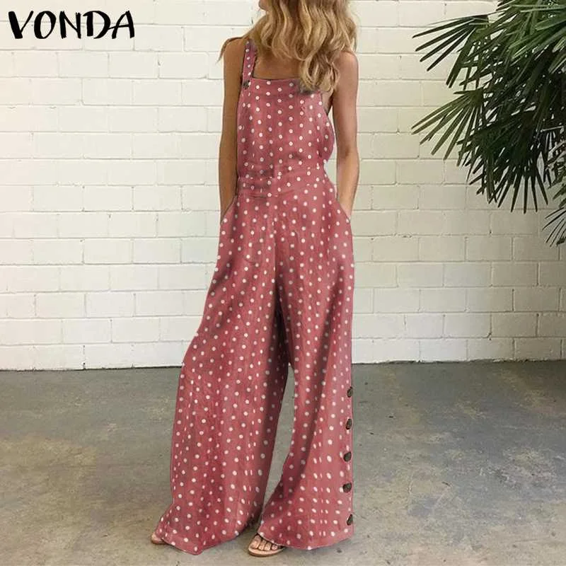 

VONDA Women Jumpsuits Summer Sleeveless Polka Dot Print Rompers Wide Leg Overalls Loose Suspenders Pantalon Plus Size Playsuits