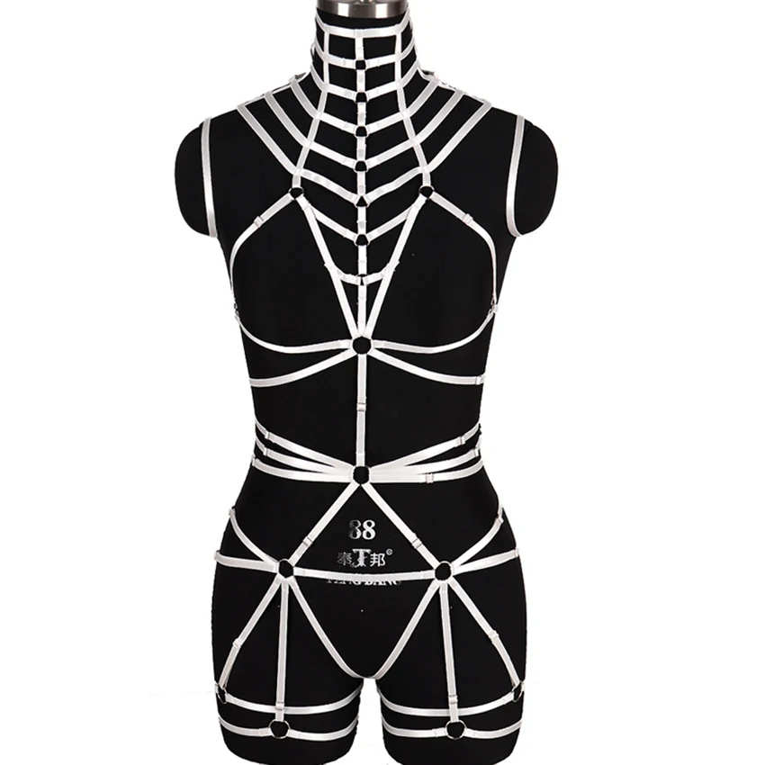 

Neck Harness Sexy Lingerie Set Cage Bra Strappy Tops Hollow Out Chest Belt White Goth Full Body Bondage Plus Size Dance Rave