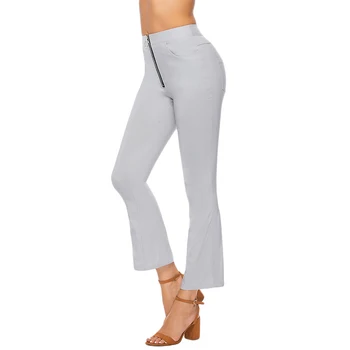 

2020 Spring Stumn Women High Waist Pant Long Zipper Micro Elastic Solid Color Pockets Women Casual Flare Pants