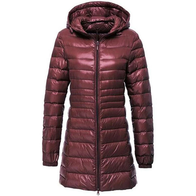 Бургундия 7XL зимние куртки для женщин белый утиный пух длинная куртка женская стеганая парка с капюшоном Сверхлегкий, портативный пуховик Casacos - Цвет: Бургундия