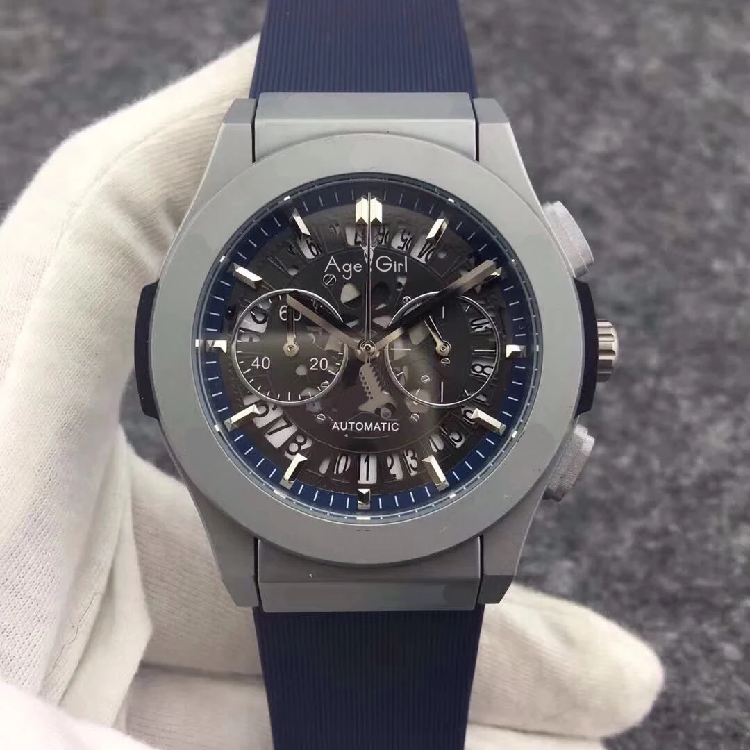 

Luxury Brand New Men StopWatch Chronograph Silver Titanium Stainless Steel Black Leather Blue Rubber Unico Date Watches Skeleton