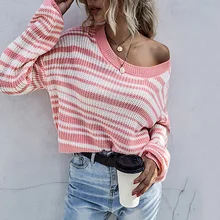 

Pink Striped Knitted Women's Sweaters O Neck Causal Lazy Loose Pullover Bohemian Jumper Pull Femmal Long Sleeve Sweater Crop Top