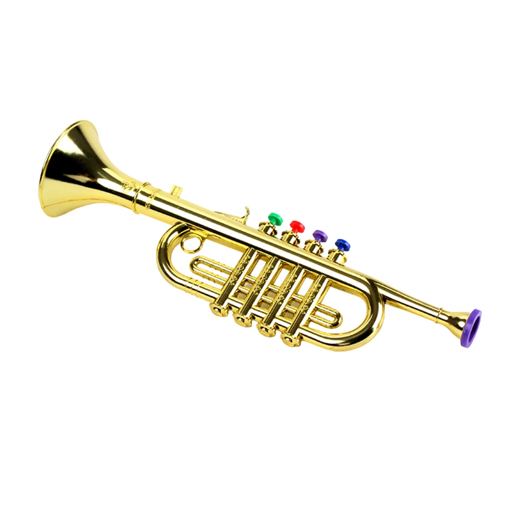 Gold 14-1/2 Inch Trumpet with 4 Colored Keys, Musical Wind Instrument Music Toys for Kids, Learning & Entertainment