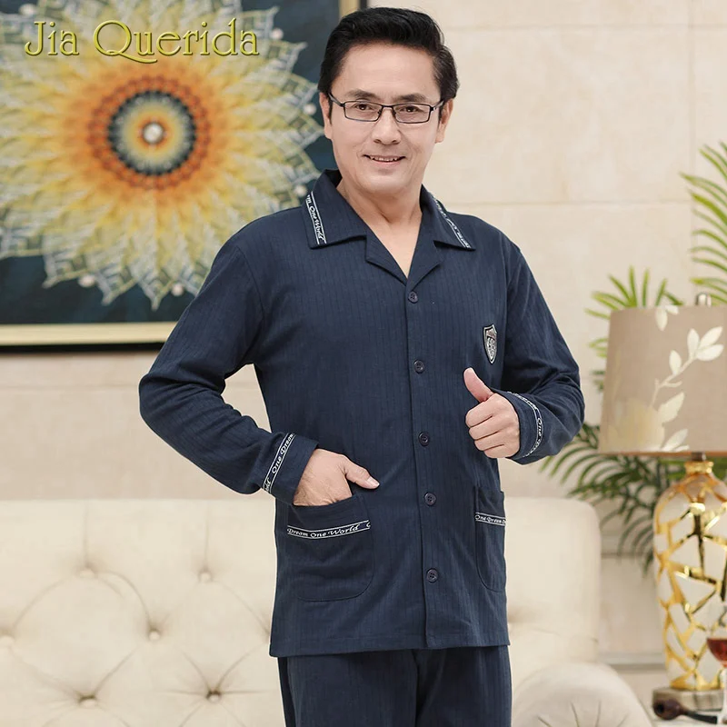 2020 Spring New Mens Pyjamas Set Knitted Cotton Long Sleeves Pants Navy Men Sleepwear Homesuits Turn-down Collar Soft Nightwear