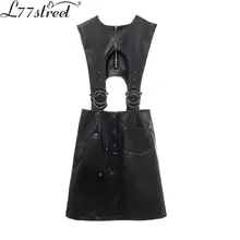 L77street Metal button Function wind Widened imitation Leather strap PU bag hip High waist slim black skirt