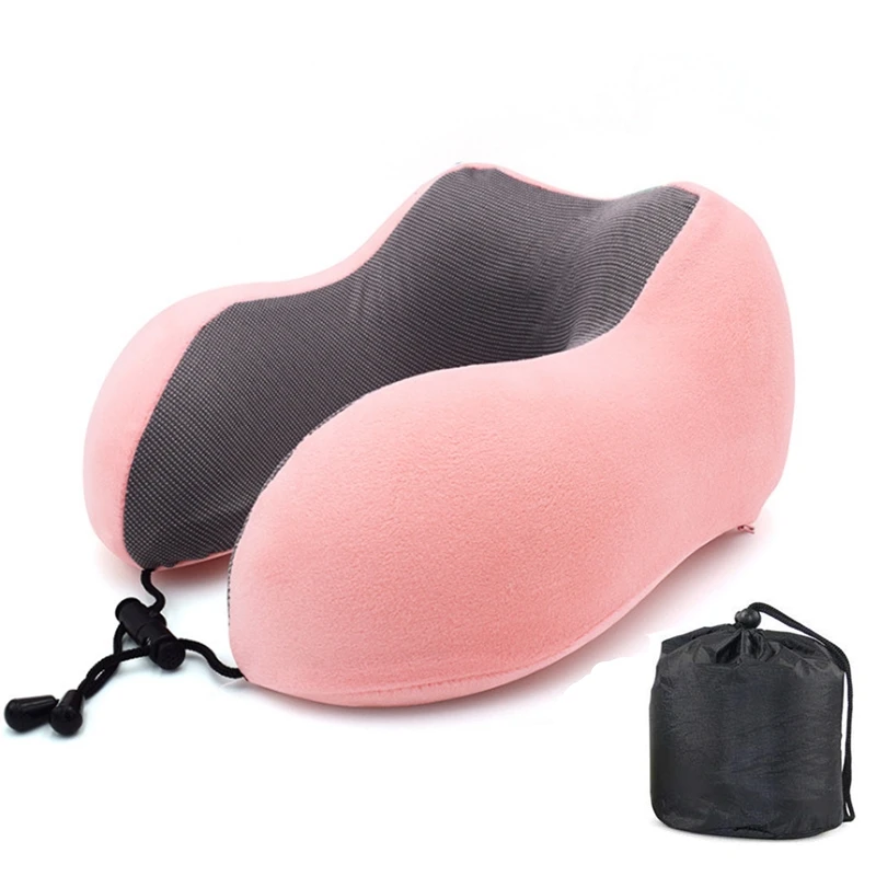 U-образная дорожная подушка для шеи с эффектом памяти, складная подушка для поддержки подбородка головы, Подушка для сна на самолете, автомобильные офисные подушки - Цвет: Pink