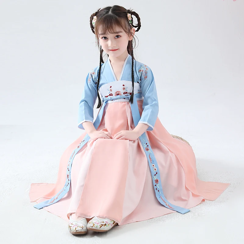 Chinese Style Embroidery Han Fu Princess Birthday Party Dance Perform Dress Traditional Wedding Evening Dress for Girls