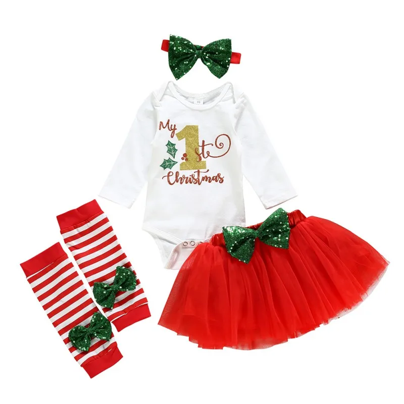 

6Baby Christmas Costumes Children's Clothing 4pcs Holiday Clothes Girl Long-Sleeved Rompers Mesh Skirt Socks Baby Girl Clothes1