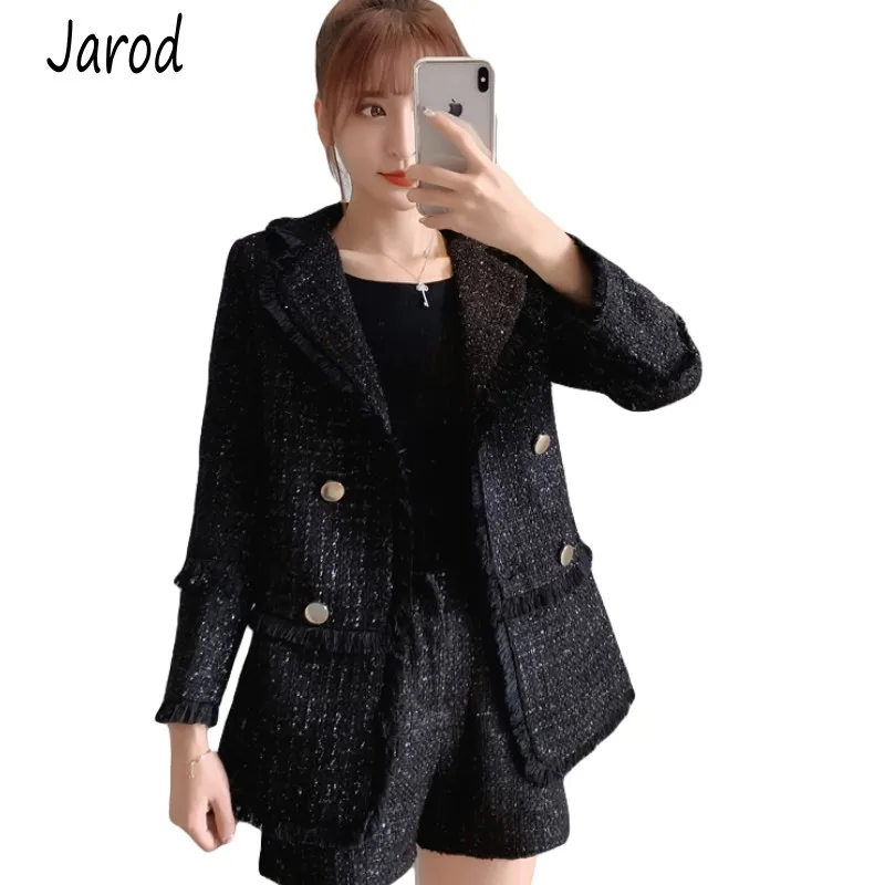 

Autumn winter 2019 New Fashion Womens Jackets Coats Vintage Office OL black Tassel Tweed Jacket Crop Coat Female