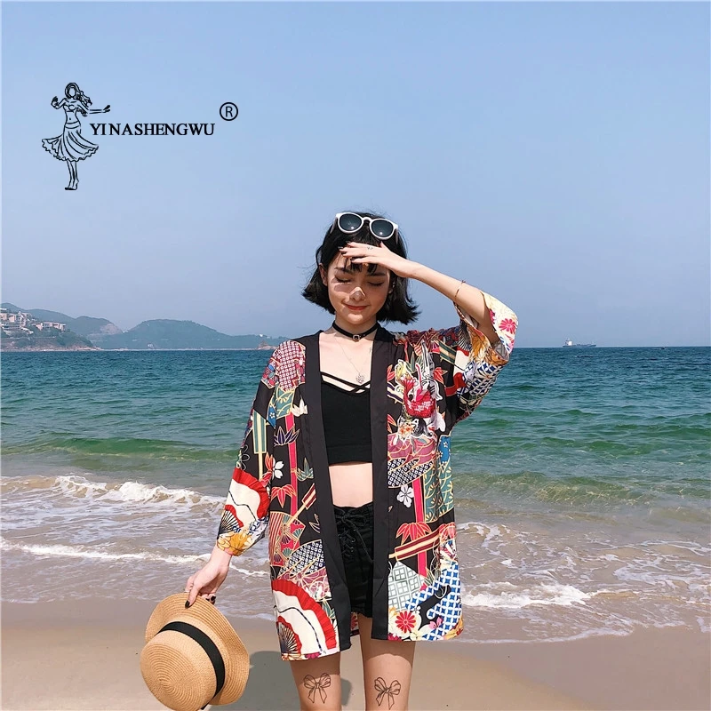 Yukata женский кимоно кардиган Япония Кимоно Одежда Азия летняя рубашка с принтом рыбы Топ повседневные кимоно Kawaii кимоно костюм для косплея