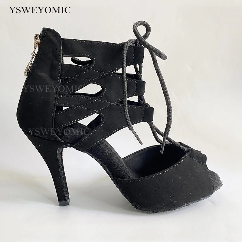Latin Dance Shoes Black Suede leather Dance Shoes Salsa Women Lace-up Ballroom Salsa Latin Dance Shoes 8.5cm Heel