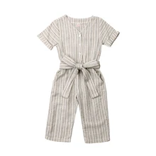 Летняя повседневная одежда на шнуровке для маленьких девочек детский полосатый длинный брючный комбинезон комбинезоны 2-7Y