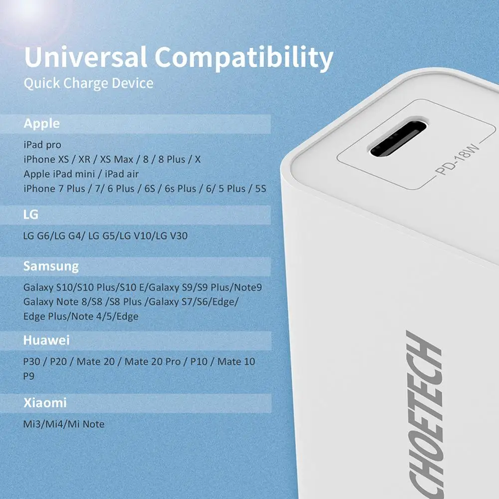 CHOETECH USB Charger 18W PD 3.0 Fast Charging USB C Plug Mobile Phone Charger For iPhone X Xs Xr 8 Xiaomi Phone PD Charger