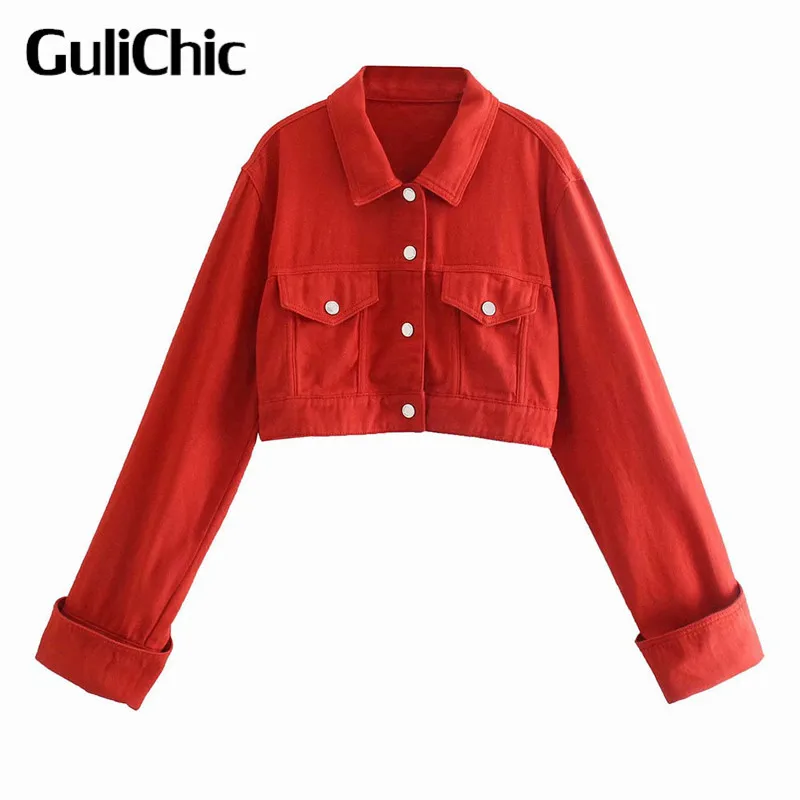 10.20 GuliChic Za Red Denim Cropped Jacket Women's Clothing Vintage Long Sleeves Pockets Short Coat |