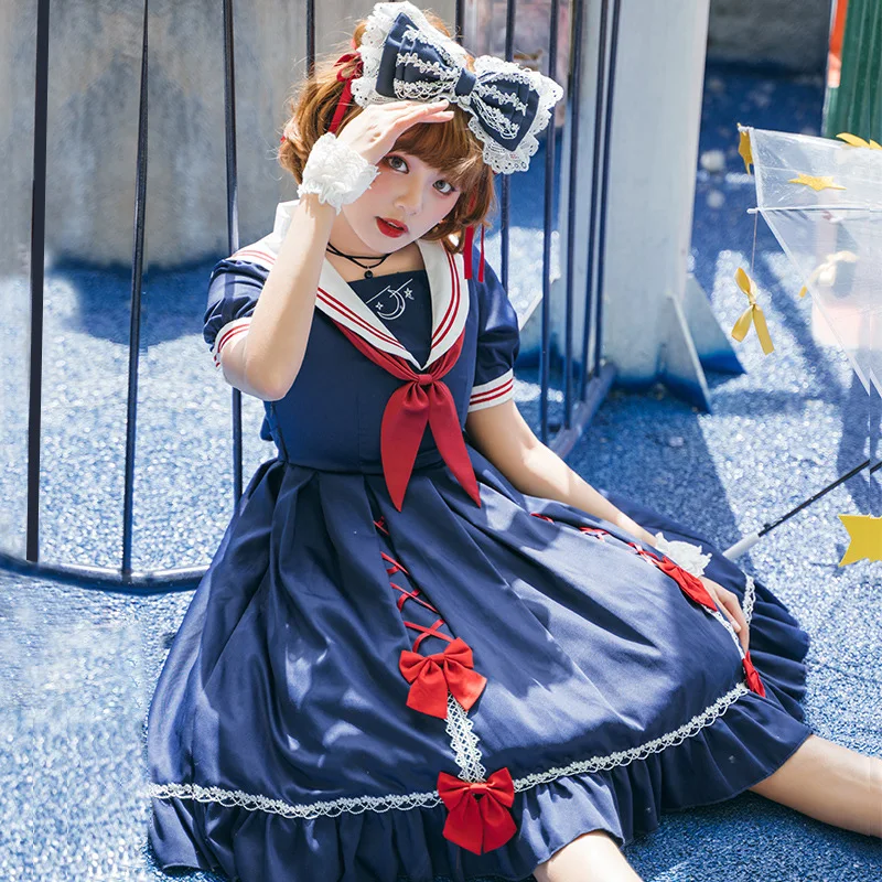 2022 Spring New Planet Fall Navy Collar Sailor Suit Jk Uniform Sweet Op  Lolita Dress College Style Bow Kawaii Clothing