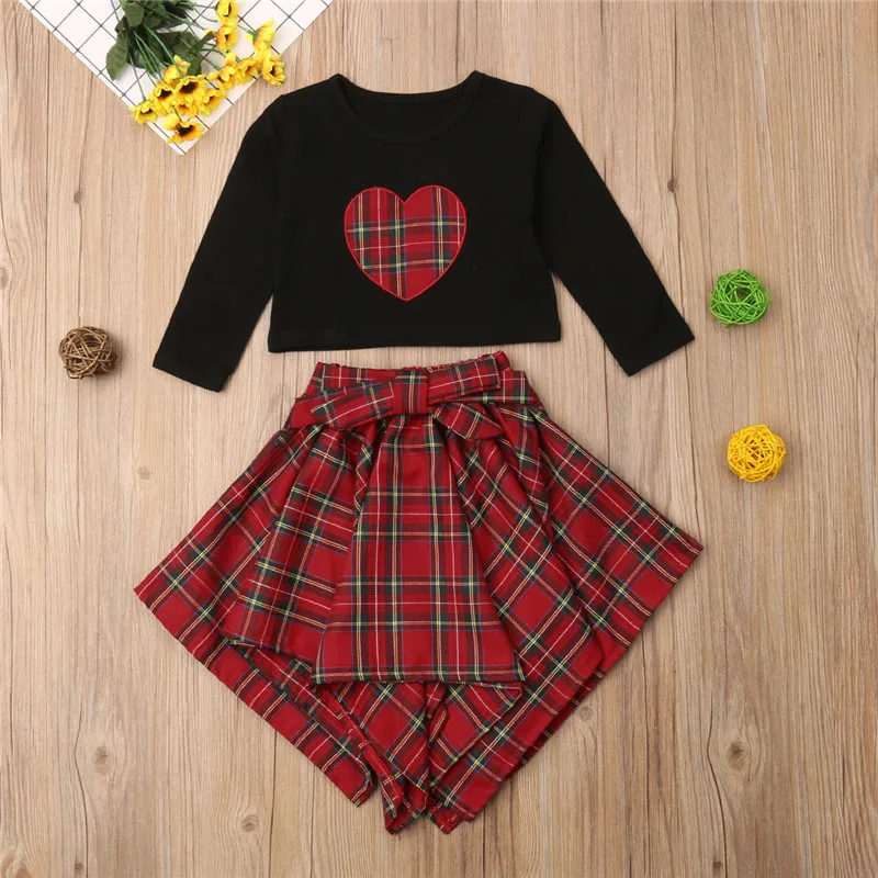 Canis Brand Kids Baby Girls Outfits Heart Pattern T-shirt Tops Irregular Plaid Skirts 2Pcs Autumn Girls Clothing 1-6T - Цвет: Black and Red