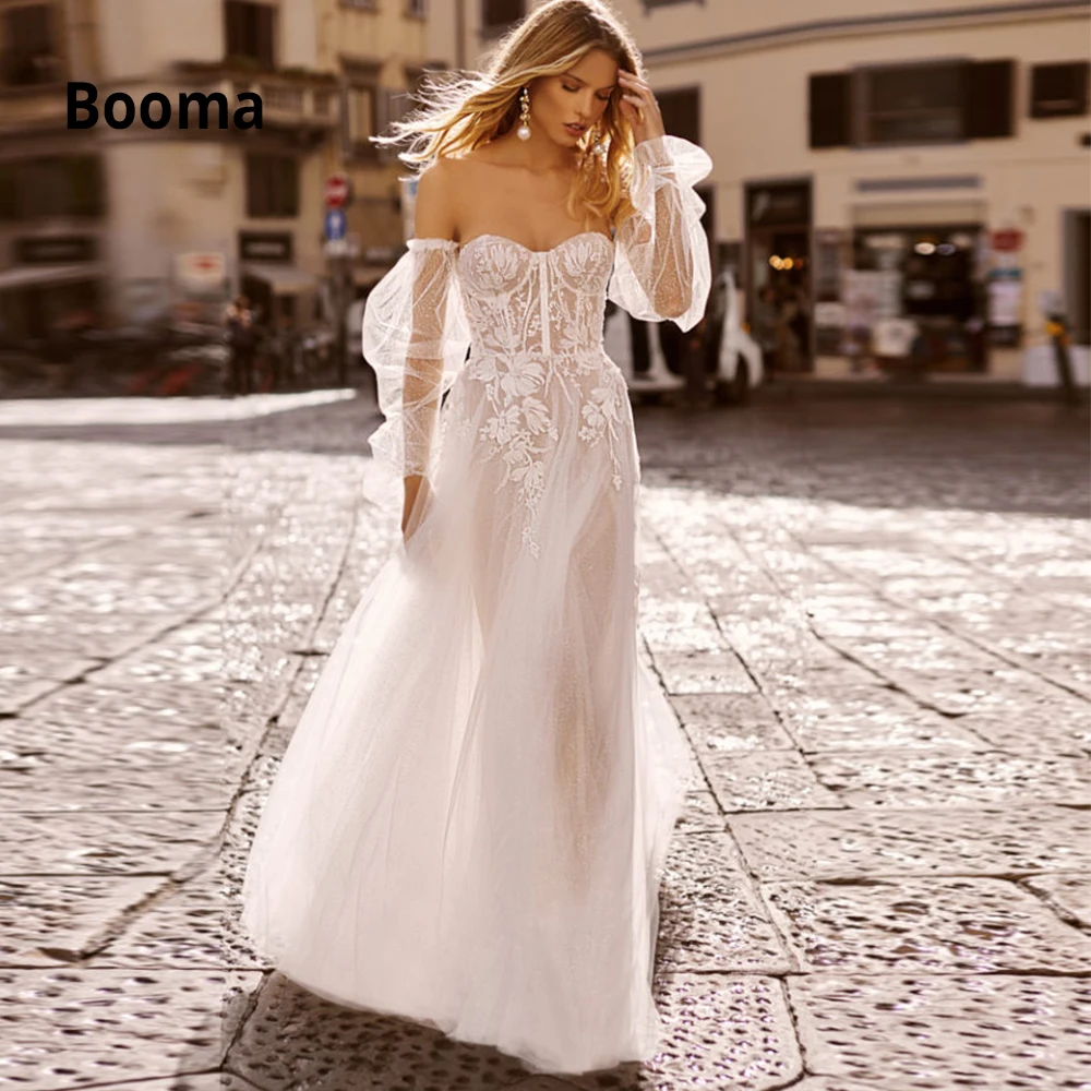 Booma пляжные свадебные платья Boho с открытыми плечами Длинные Пышные рукава Свадебные платья Кружева с аппликацией мягкий горошек Тюль Вечерние платья