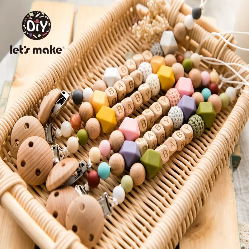 

Let's make Baby Pacifier Chain 1pc PVC Free Beech Wooden Beads 4-6 Months Teething Toys Diy Baby Name Personalized Pacifier Clip