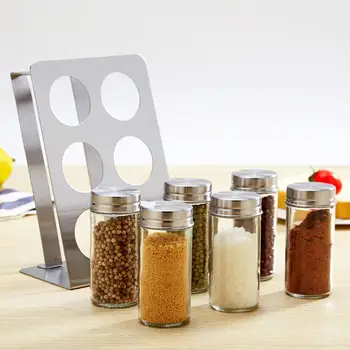 

6pcs Set Seasoning Jar Rack Set Stainless Steel Visible Glass Spice Bottle Container With Shelf For Barbecue Kitchen Cooking