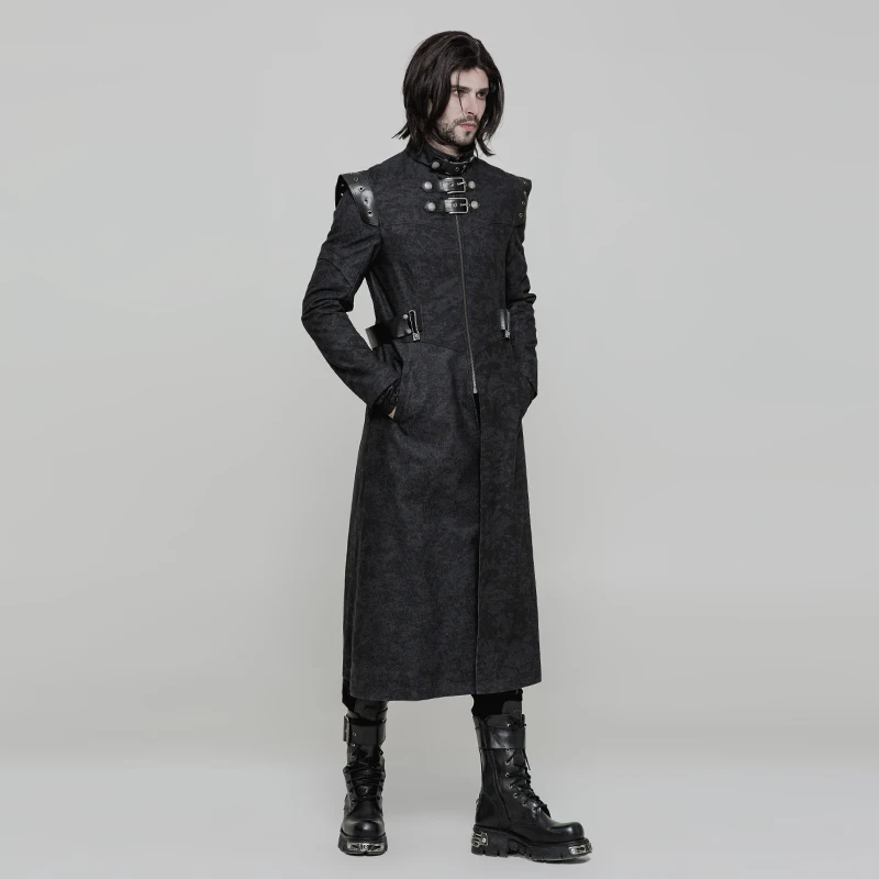 Панк рейв Мужская Готическая пряжка декольте жаккард красивый крутой пальто мода клуб из искусственной кожи петля украшения длинная куртка для мужчин - Цвет: Black WY-854XCM
