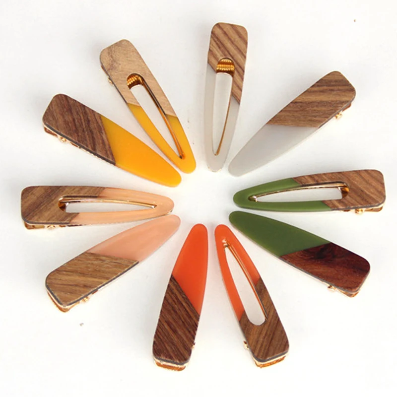 New Fashion Patchwork Geometric Wood Acrylic Hair Clips For Women Girls Hollow Waterdrop Hairpin Barrettes Hair Accessories