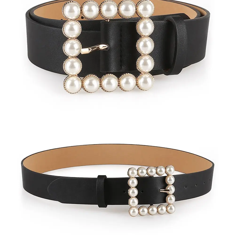 

1 Pcs Fashion Leather Belt Imitation Pearl Square Buckle Waistband Wide Elegant Temperament Strap Belt for Women Dress Decor