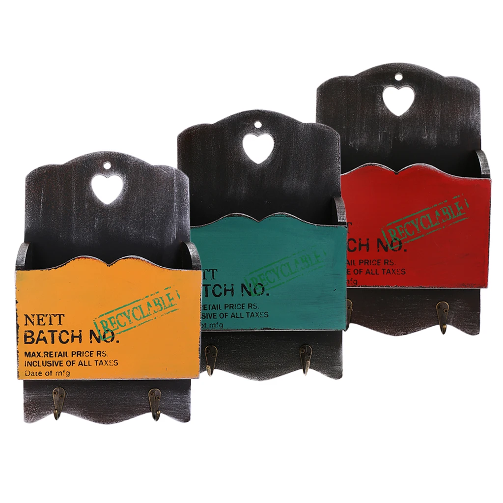 Wooden Mail Letter Holder Key Rack Organizer Wall Mount w/ 2 Hook Decor for Home Garden House Cafe Shop Ornament