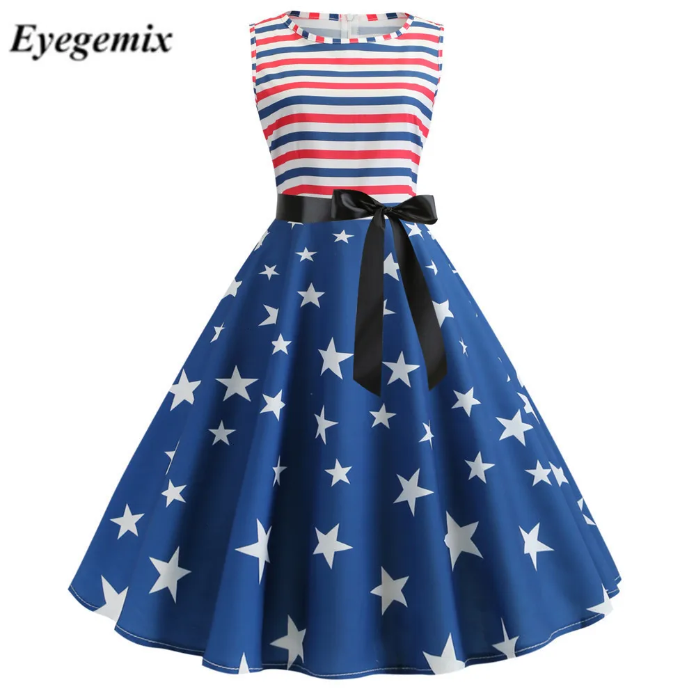 Fashion Summer Dress 2019 Robe Femme O-neck Stars Striped Printed Pinup Vintage 50s 60s Rockabilly Party Dresses Knee Length |
