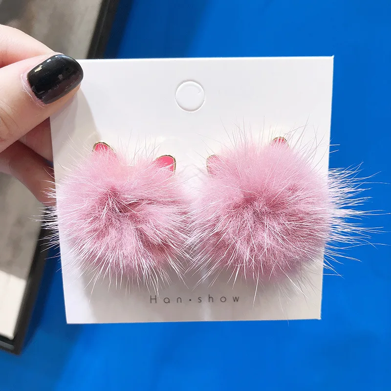 Autumn and Winter New Korean Simple Cute Mink Plush Ball Cat Ears Silver Needle Earrings Fashion Sweet Girl Women's Jewelry