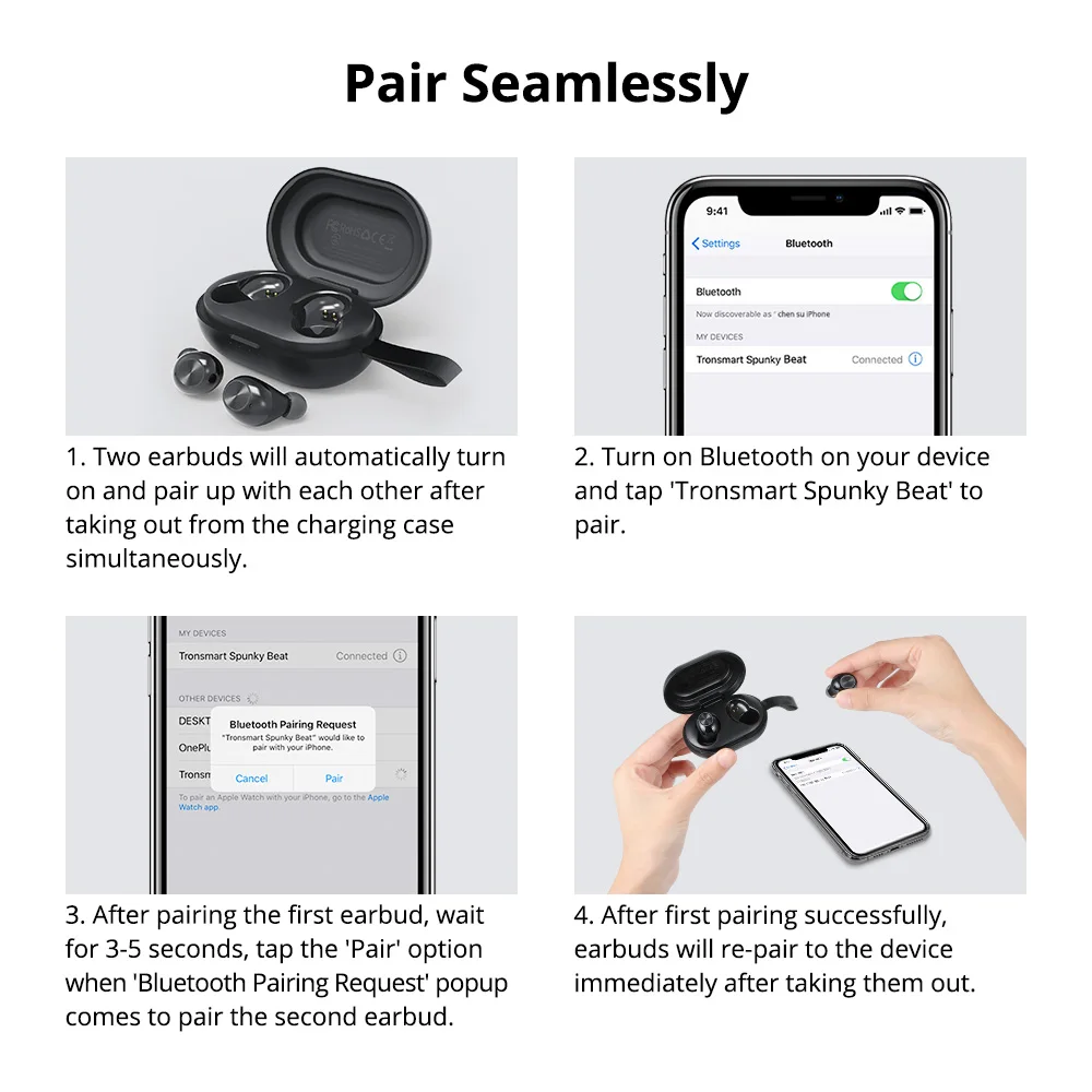  Wholesale Dropship Auriculares Tronsmart Spunky Beat TWS Wireless Earbuds with QualcommChip APTX Deep Bass Bluetooth Earphones