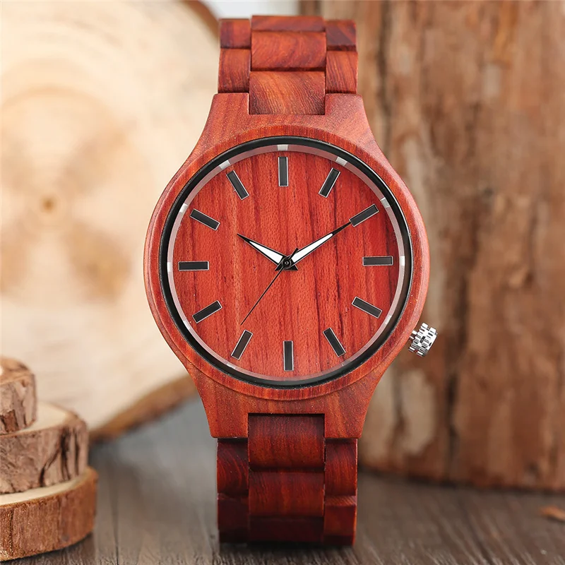 Men's Natural Red Sandalwood Watches Timepiece Luminous Pointers Men Quartz Analog Movement Clock Full Wooden Bang Reloj Gift