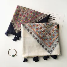 

Korean Women's New Diamond Lattice Art Style Square Printing Cotton and Linen Soft Long Silk Scarf Shawl