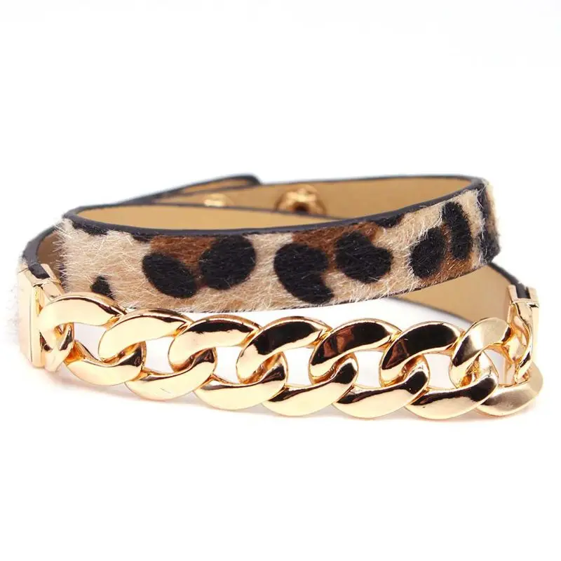 

Handmade Horse Hair Leather Leopard Bracelet Belt Buckle Bangles Women Jewelry U50C
