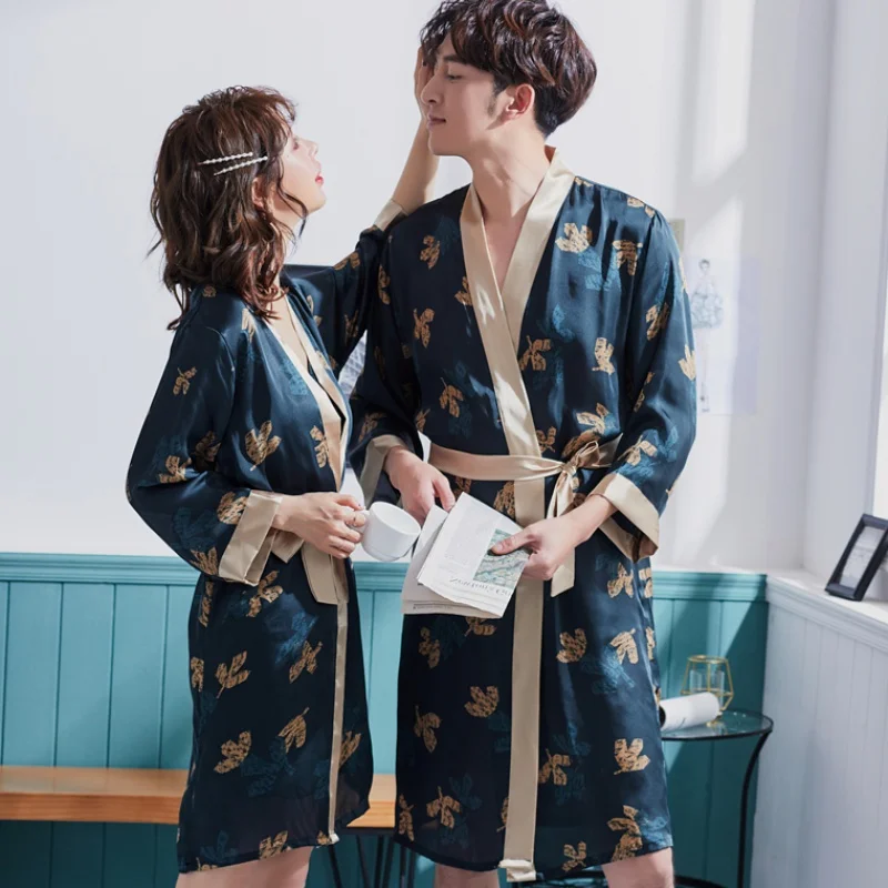 Silky Shawl Robe Kimono Lover Honeymoon Robe Men Bathrobe Home Robes Unisex Bath Hotel Lounge Sleep Shirt Sleep Lounge Sleepwear