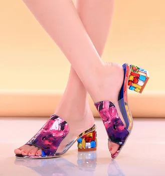 

Summer Women's Rhinestone Crystals Heels Peep Toe Shoes Woman Sandals Square Heeled Pumps Ladies Slides Women Slippers