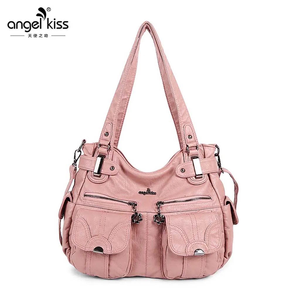 

Angel Kiss Brand Shoulder Bag Skin-friendly Top Handle Satchel Washed PU Leather Tote Handbag Women Wallet Purse Femeal Bag