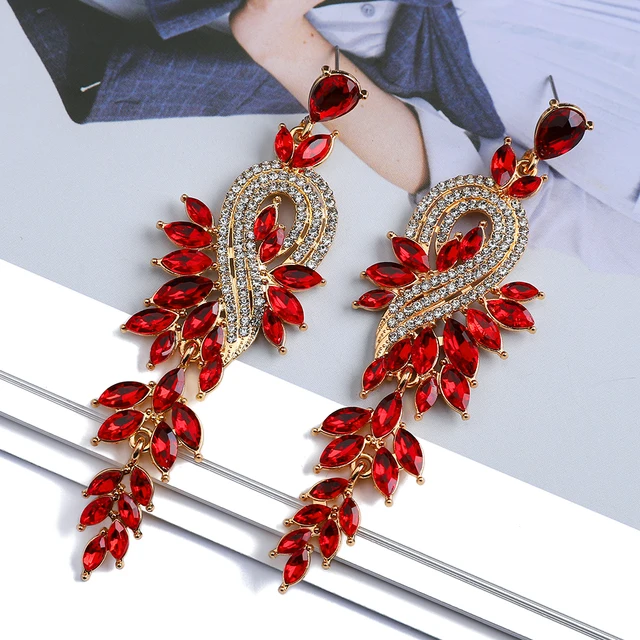 Design Dangle Earrings For Women Girl Luxury Elegant Metal Hollow Chain Leaves Crystal Brincos Pendant Jewelry Ear Accessories Red
