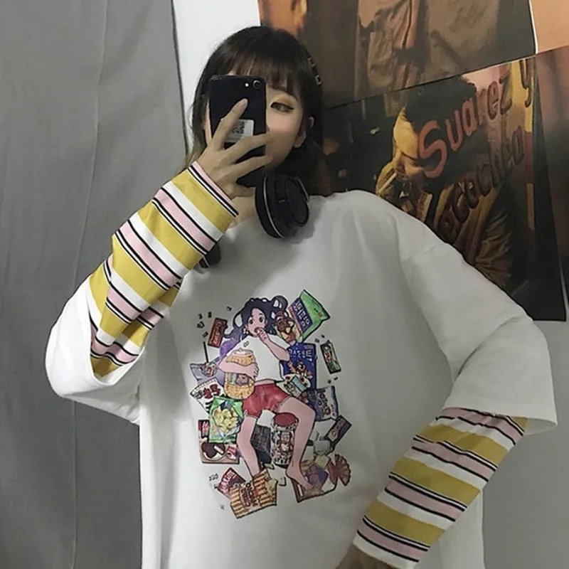 Woherb Autumn Women Korean Ulzzang Harajuku T-shirt Funny Printed Fake Two Long Sleeve T-shirts Female Loose Shirts Tops